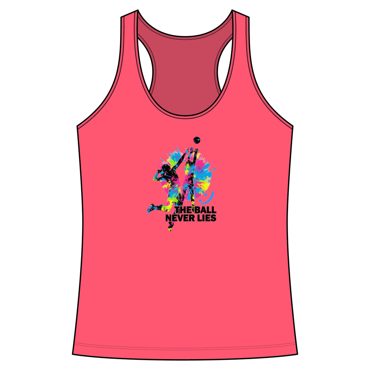 Pink tank top with colorful graphic and text on a white background