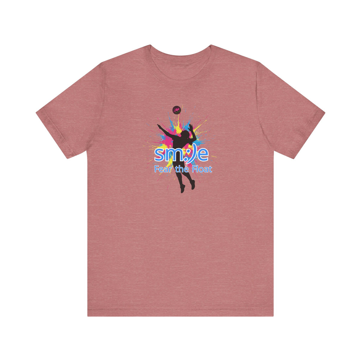 Red t-shirt with colorful graphic and text on a white background