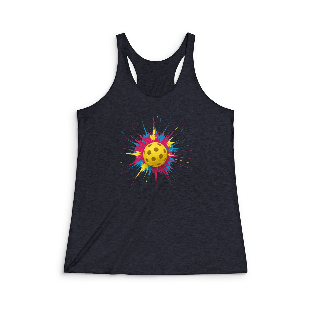 Black tank top with a colorful pickleball design on a white background