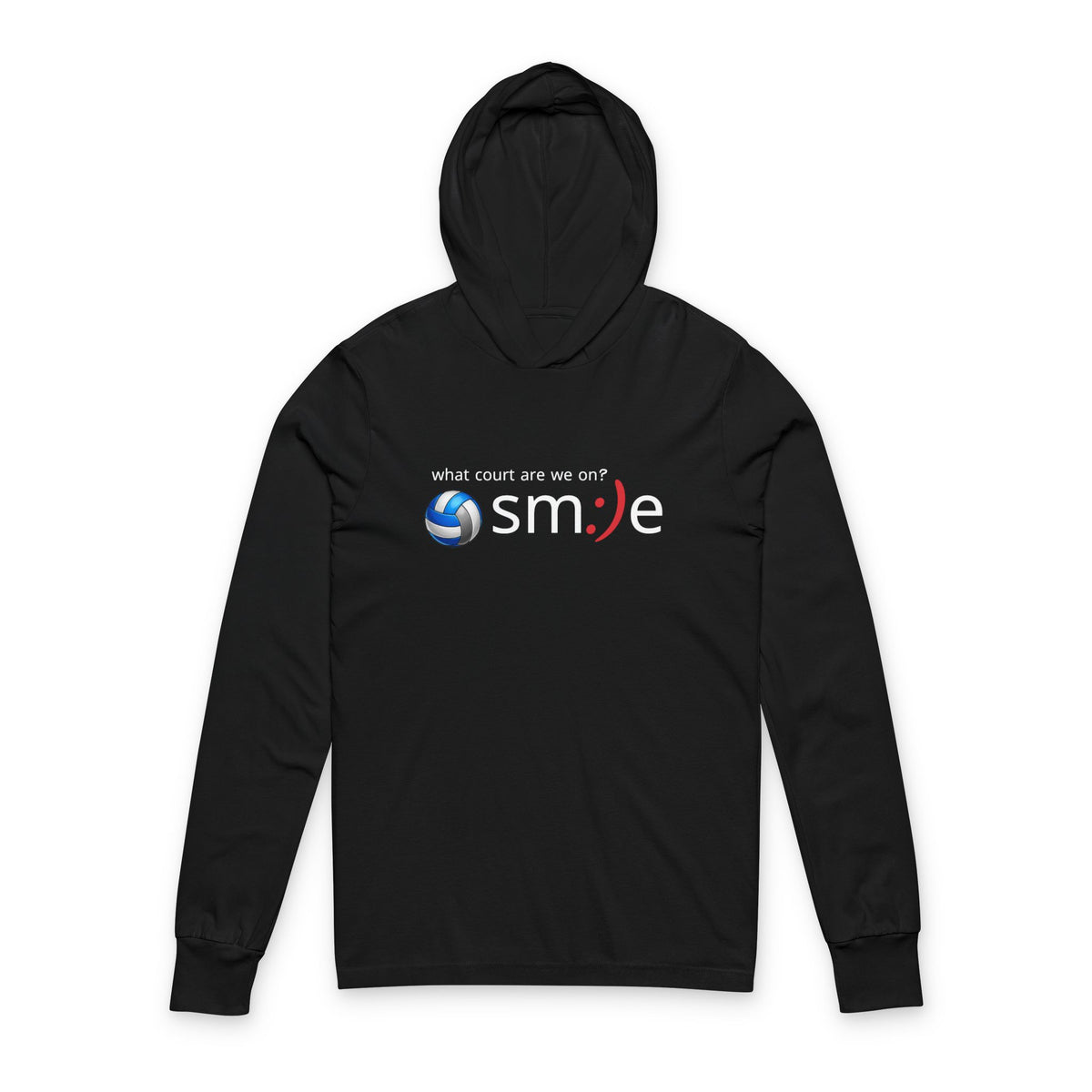 Black hoodie with a logo and text on a white background