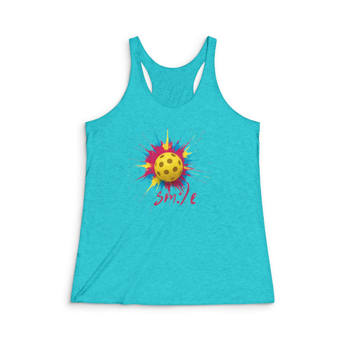 Turquoise tank top with a colorful smiley face design on a white background