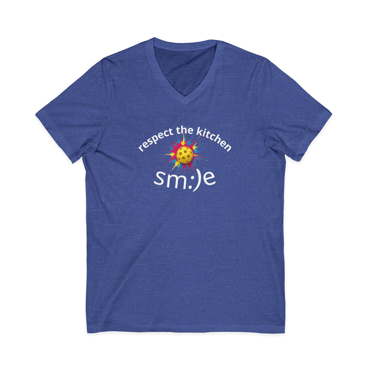 Blue t-shirt with 'respect the kitchen smile' text and smiley face design on a white background